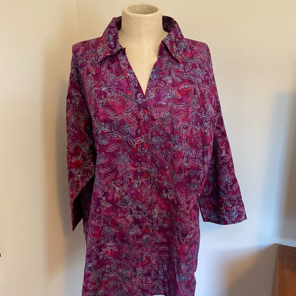 2x Batik 3/4 Sleeve Button Down Tunic Blouse 100% cotton Magenta Blue Krazy Kat
